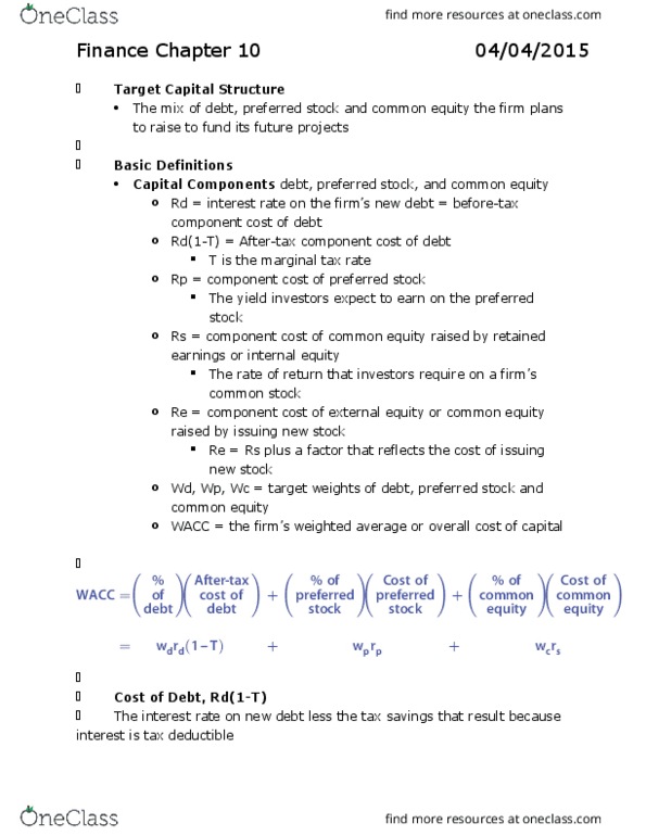 FINA 2201 Chapter Notes - Chapter 10: Risk Premium, Tax Rate, Dividend Yield thumbnail