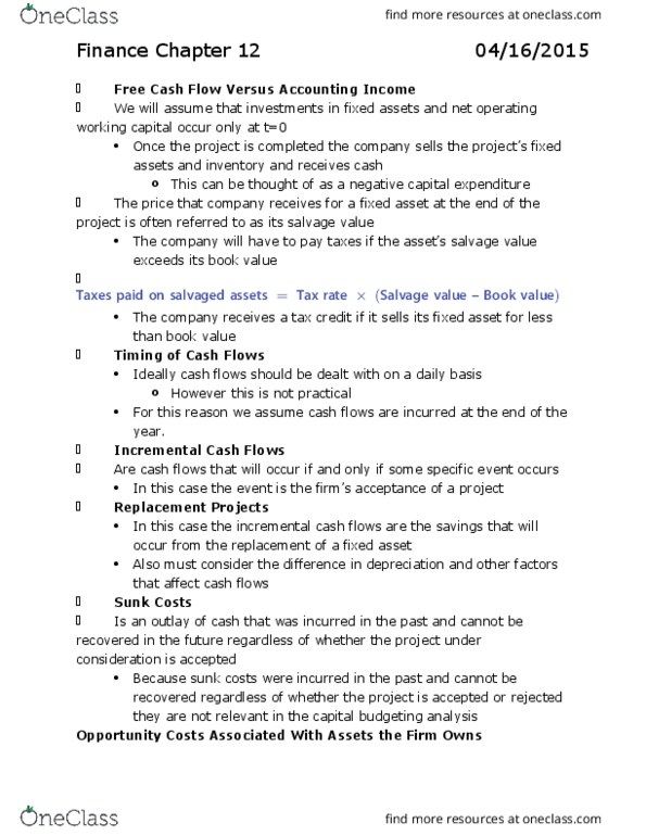 FINA 2201 Chapter Notes - Chapter 12: Sunk Costs, Cash Flow, Accelerated Depreciation thumbnail