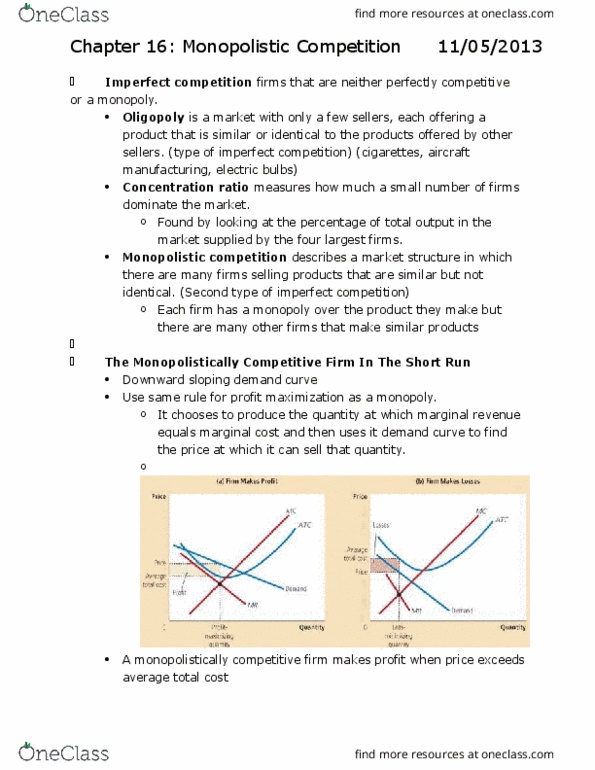 ECON 1116 Chapter Notes - Chapter 16: Monopolistic Competition, Imperfect Competition, Perfect Competition thumbnail