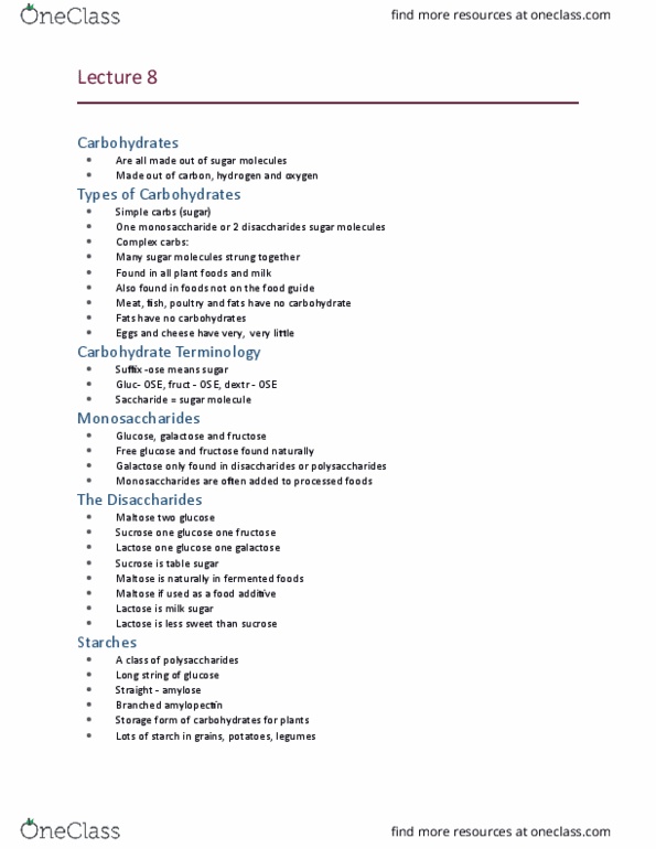 NUTR 1010 Lecture Notes - Lecture 8: Maltose, Galactose, Carbohydrate thumbnail