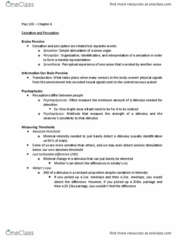 PSYC 100 Lecture Notes - Lecture 4: Retinal Ganglion Cell, Detection Theory, Visual Cortex thumbnail