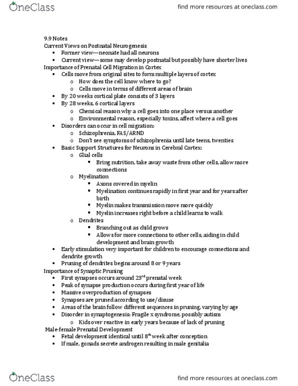 APSY1030 Lecture Notes - Lecture 2: Cell Migration, Prenatal Development, Myelin thumbnail