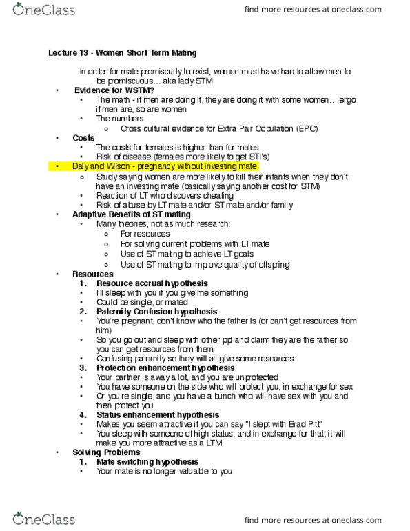 PSYCH 3AC3 Lecture Notes - Lecture 13: Promiscuity, Ovulation, Casual Sex thumbnail