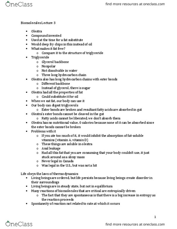 BIOC 2010 Lecture Notes - Lecture 3: Olestra, Fat Substitute, Biochemistry thumbnail