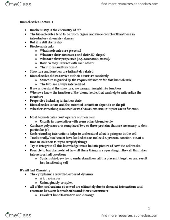 BIOC 2010 Lecture Notes - Lecture 1: Biomolecule, Systems Biology, Hydrogen Bond thumbnail