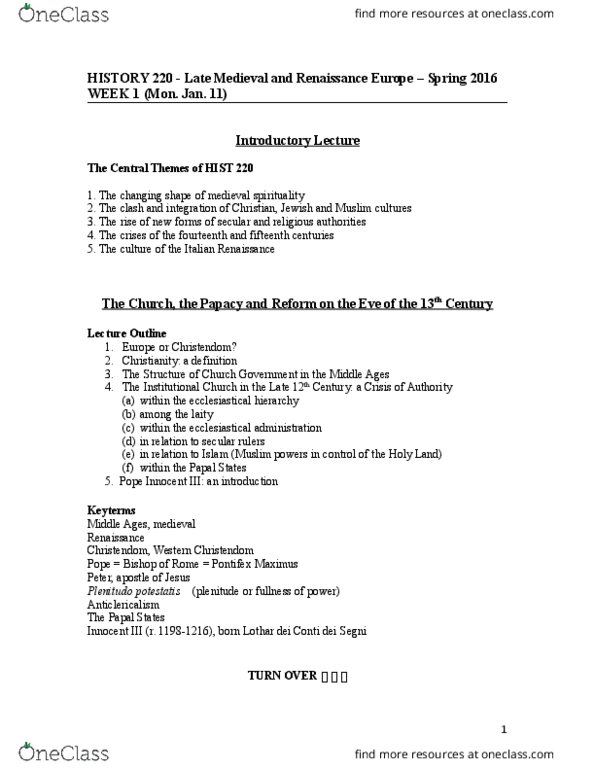 HIST 220 Lecture Notes - Lecture 1: Fourth Council Of The Lateran, Evangelical Counsels, Papal Legate thumbnail