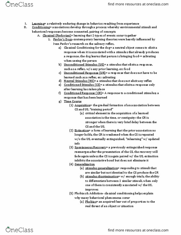 CAS PS 101 Lecture Notes - Lecture 7: Tabula Rasa, Classical Conditioning, Fear Conditioning thumbnail