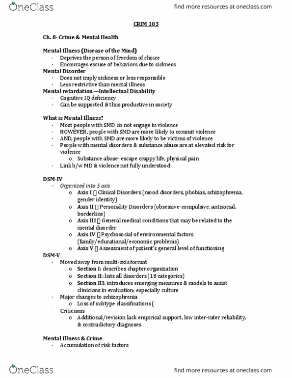 CRIM 103 Lecture Notes - Lecture 7: Antisocial Personality Disorder, Inter-Rater Reliability, Diagnostic And Statistical Manual Of Mental Disorders thumbnail