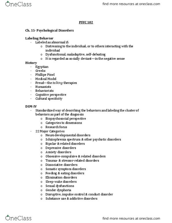 PSYC 102 Lecture Notes - Lecture 7: Dissociative Identity Disorder, Philippe Pinel, Psychogenic Amnesia thumbnail