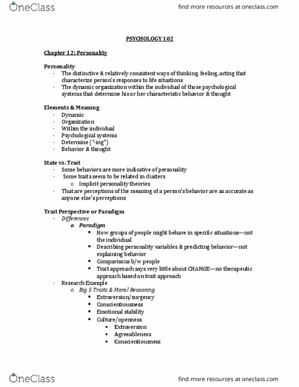 PSYC 102 Lecture Notes - Lecture 5: Conscientiousness, Neuroticism, Social Cognitive Theory thumbnail