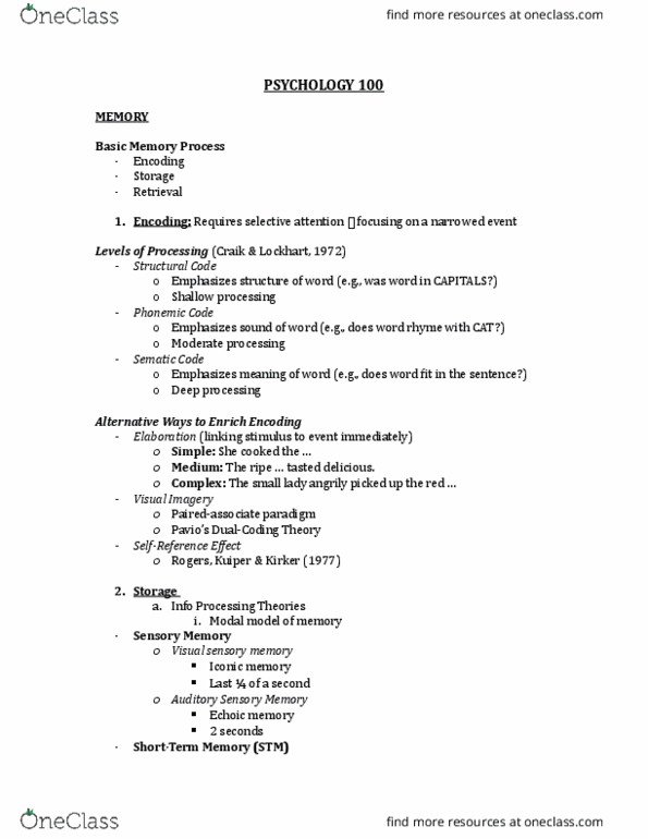 PSYC 100 Lecture Notes - Lecture 6: Echoic Memory, Iconic Memory, Sensory Memory thumbnail