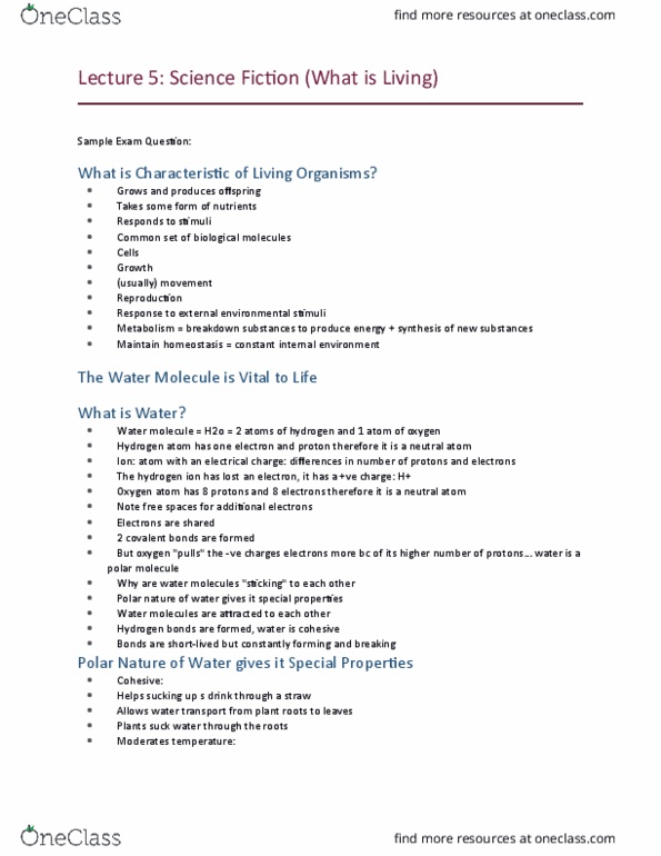 BIOL 1020 Lecture Notes - Lecture 5: Hydrogen Atom, Chemical Polarity, Homeostasis thumbnail