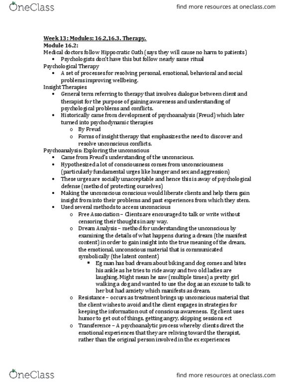 PSYC 1000 Lecture Notes - Lecture 13: Cognitive Behavioral Therapy, Harry Stack Sullivan, Interpersonal Psychotherapy thumbnail