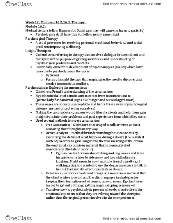 PSYC 1000 Lecture Notes - Lecture 12: Cognitive Behavioral Therapy, Harry Stack Sullivan, Interpersonal Psychotherapy thumbnail