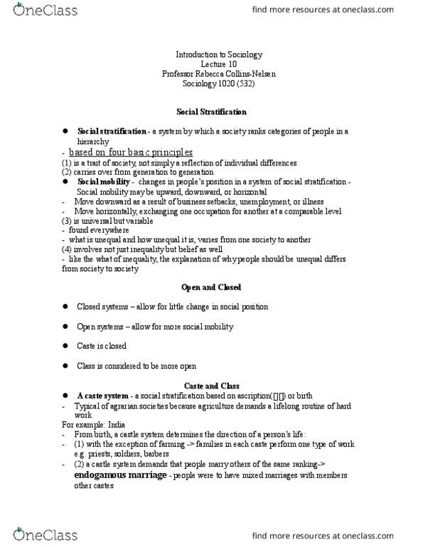 Sociology 1020 Lecture Notes - Lecture 10: Mikhail Gorbachev, Agrarian Society, Social Stratification thumbnail