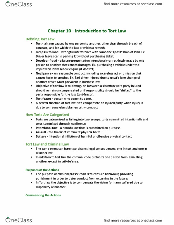 MCS 3040 Chapter Notes - Chapter 10: Vicarious Liability, Intentional Tort, Contributory Negligence thumbnail