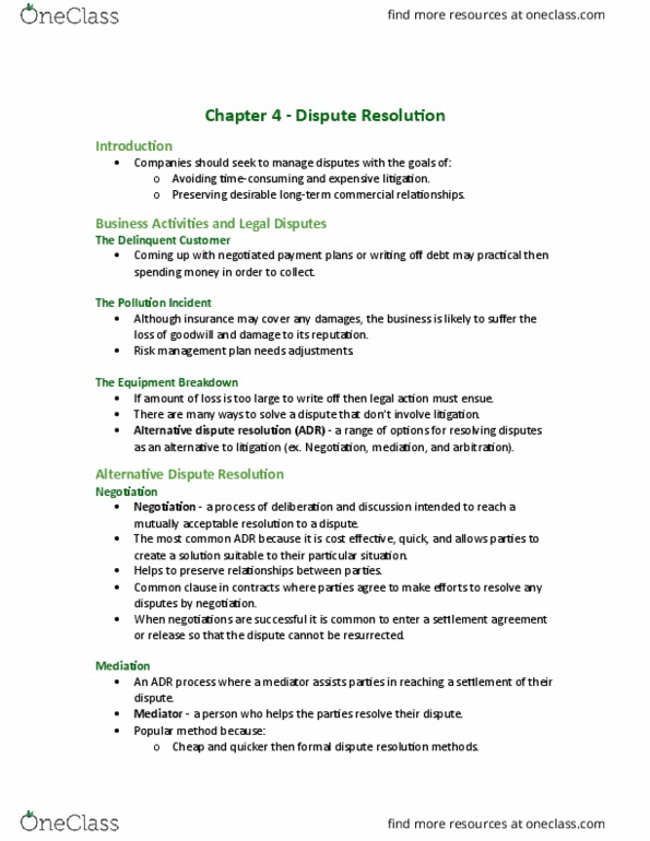 MCS 3040 Chapter Notes - Chapter 4: Alternative Dispute Resolution, Arbitration Clause, Class Action thumbnail