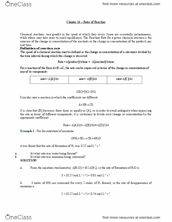 CHEM 1620 Chapter Notes - Chapter 16: Arrhenius Equation, Reaction Rate Constant, Rate Equation thumbnail
