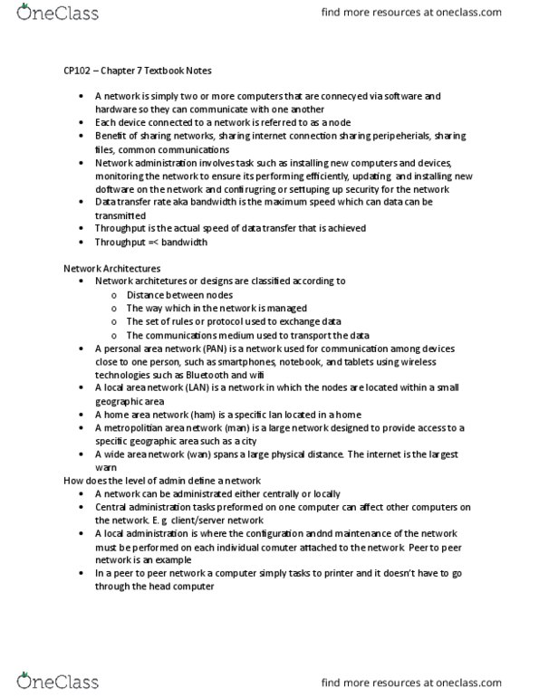 CP102 Lecture Notes - Lecture 7: Gigabit Ethernet, Personal Area Network, Optical Fiber Cable thumbnail