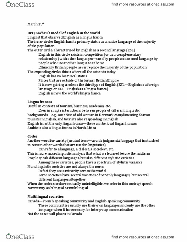 LING 320 Lecture Notes - Lecture 14: Diglossia, English Language In England, Haitian Creole thumbnail