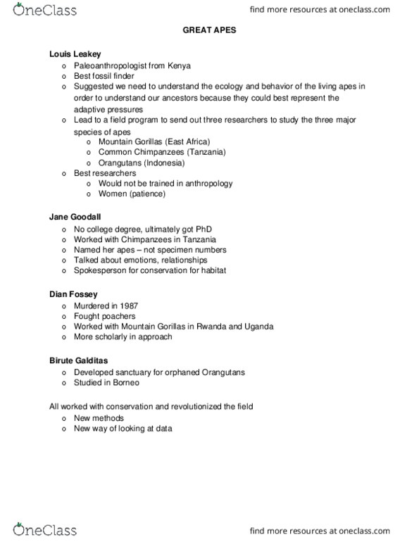 ANTH 225 Lecture Notes - Lecture 3: Callosity, Dian Fossey, Gibbon thumbnail