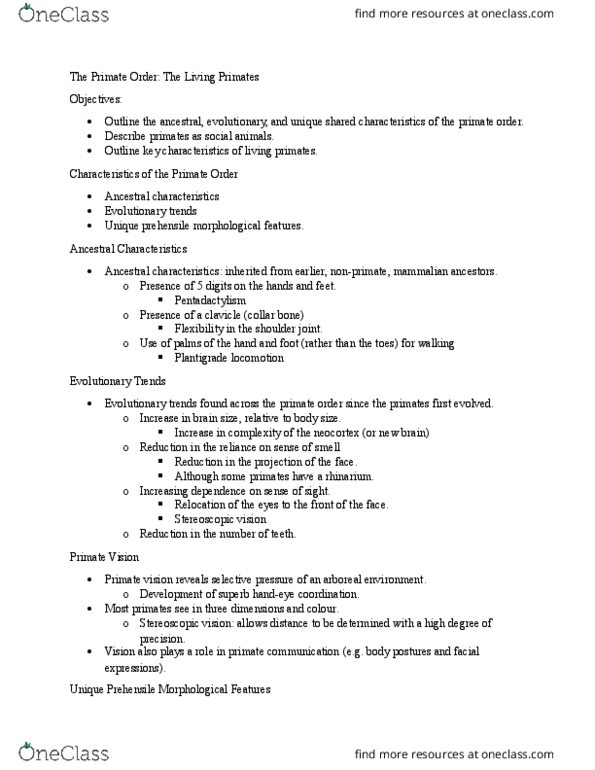 ANTH-101 Lecture Notes - Lecture 4: List Of Fossil Primates, Plantigrade, Toe thumbnail