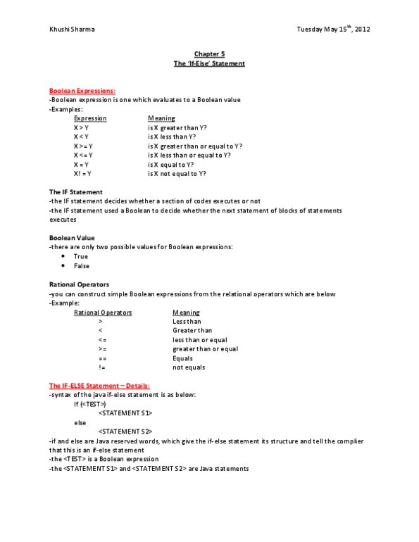 ITM 200 Chapter Notes - Chapter 5: Boolean Expression thumbnail