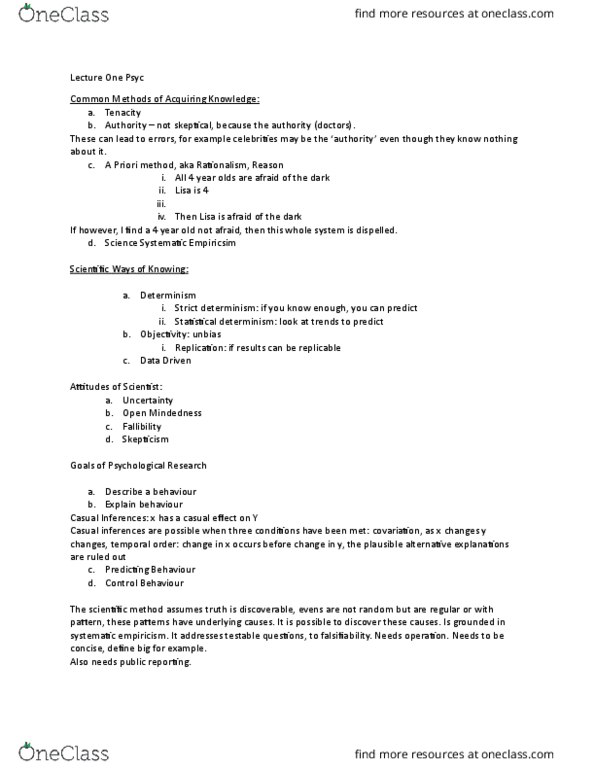 PSYC 201W Lecture Notes - Lecture 1: Scientific Method, Falsifiability thumbnail
