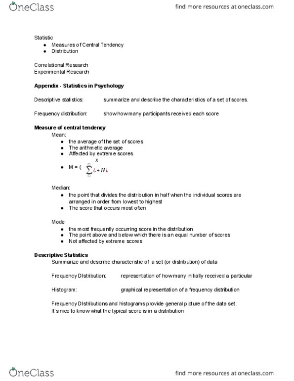 Psychology 1000 Lecture Notes - Lecture 12: Frequency Distribution, Descriptive Statistics, Central Tendency thumbnail