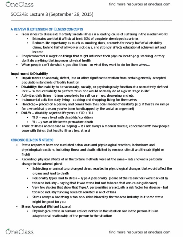 SOC243H1 Lecture Notes - Lecture 3: Disability-Adjusted Life Year, Type A And Type B Personality Theory, Noxious Stimulus thumbnail