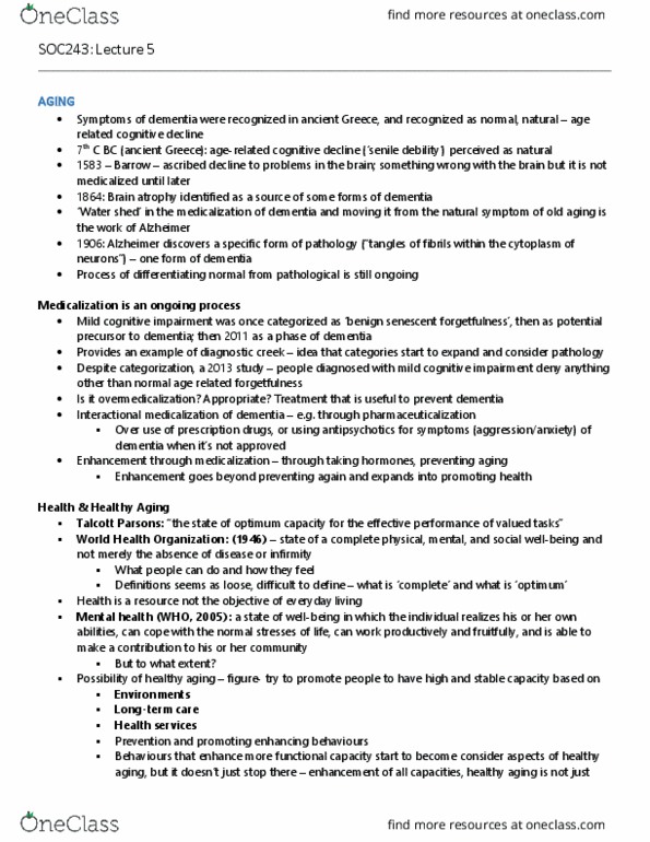 SOC243H1 Lecture Notes - Lecture 5: Mild Cognitive Impairment, Sylvester Stallone, Combined Oral Contraceptive Pill thumbnail