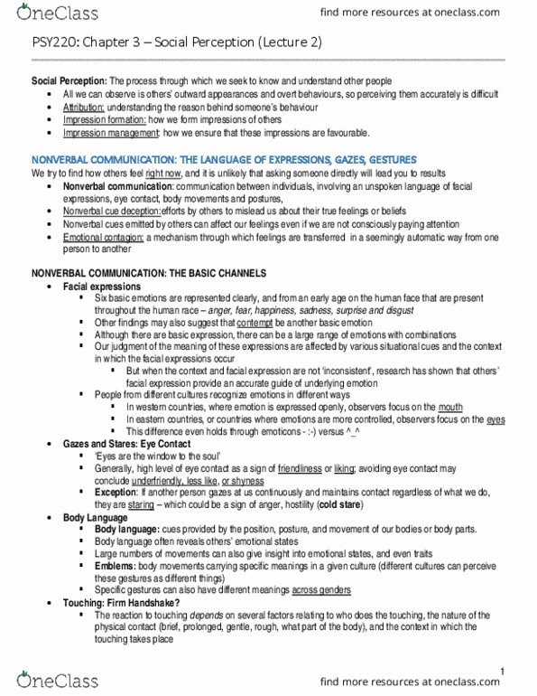 PSY220H1 Chapter Notes - Chapter 3: Nonverbal Communication, Emotional Contagion, Impression Formation thumbnail