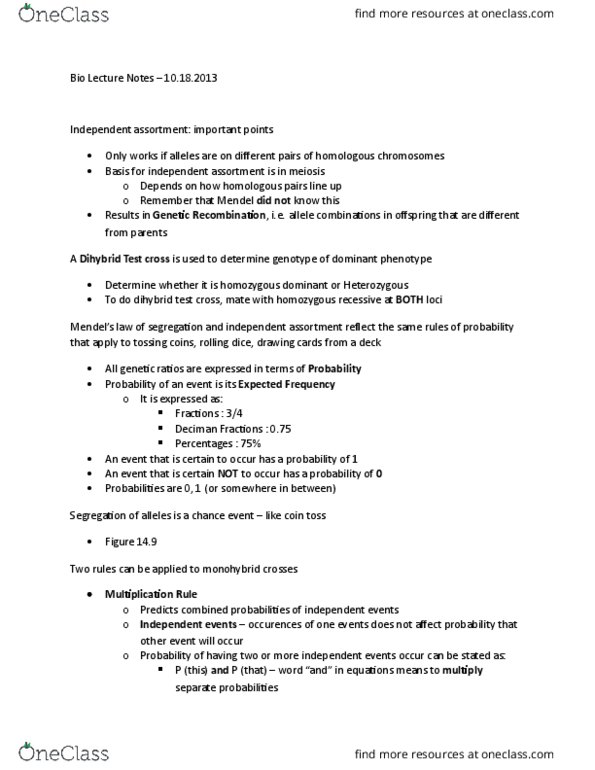 01:119:115 Lecture Notes - Lecture 9: Mutual Exclusivity, Thomas Hunt Morgan, Punnett Square thumbnail