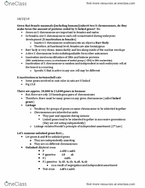 01:119:115 Lecture Notes - Lecture 10: Dihybrid Cross, X-Inactivation, Mendelian Inheritance thumbnail