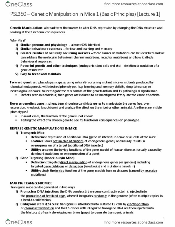 PSL350H1 Lecture Notes - Lecture 1: Microinjection, Embryonic Stem Cell, Homologous Recombination thumbnail