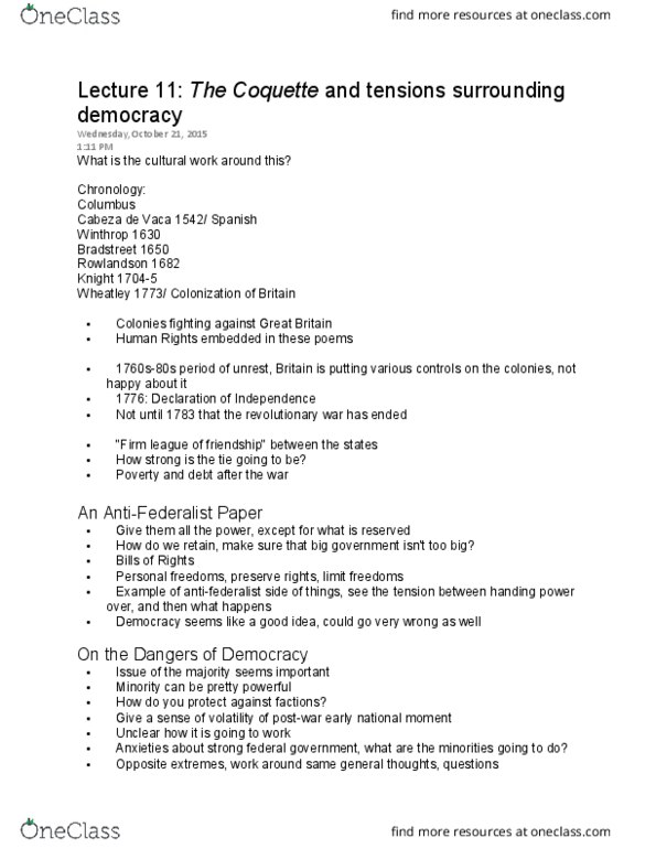 ENG250Y5 Lecture Notes - Lecture 11: Anti-Federalism, Epistolary Novel thumbnail