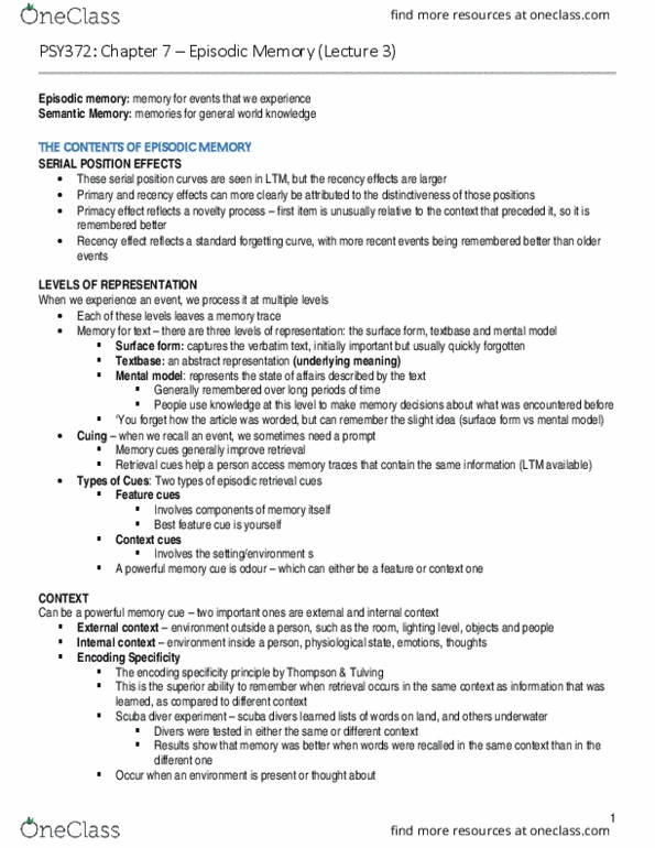 PSY372H1 Lecture Notes - Lecture 3: Scuba Diving, Encoding Specificity Principle, Episodic Memory thumbnail