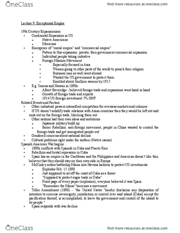 HIST 221 Lecture Notes - Lecture 9: Albert J. Beveridge, Teller Amendment, Expansionism thumbnail