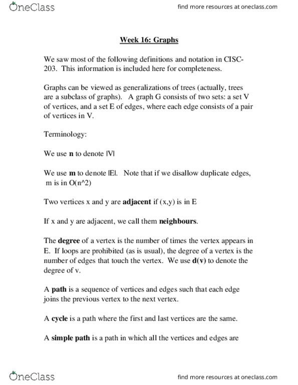 CISC 235 Lecture Notes - Lecture 16: Adjacency Matrix, Adjacency List, Complex Instruction Set Computing thumbnail