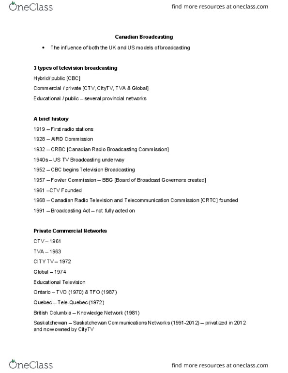 FILM 2401 Lecture Notes - Lecture 23: Knowledge Network, Canadian Radio Broadcasting Commission, Tfo thumbnail