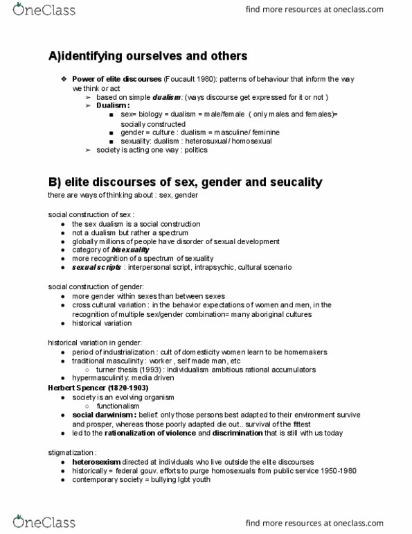 SOCI-100 Lecture Notes - Lecture 5: Hypermasculinity, Heterosexism, Social Darwinism thumbnail