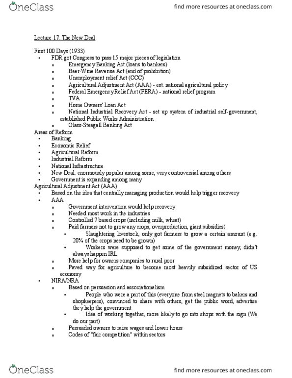 HIST 221 Lecture Notes - Lecture 17: Federal Emergency Relief Administration, Civilian Conservation Corps, National Industrial Recovery Act thumbnail