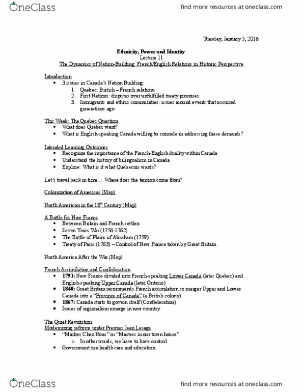 SOCI 3430 Lecture Notes - Lecture 11: Lester B. Pearson, Jean Lesage, Official Language thumbnail
