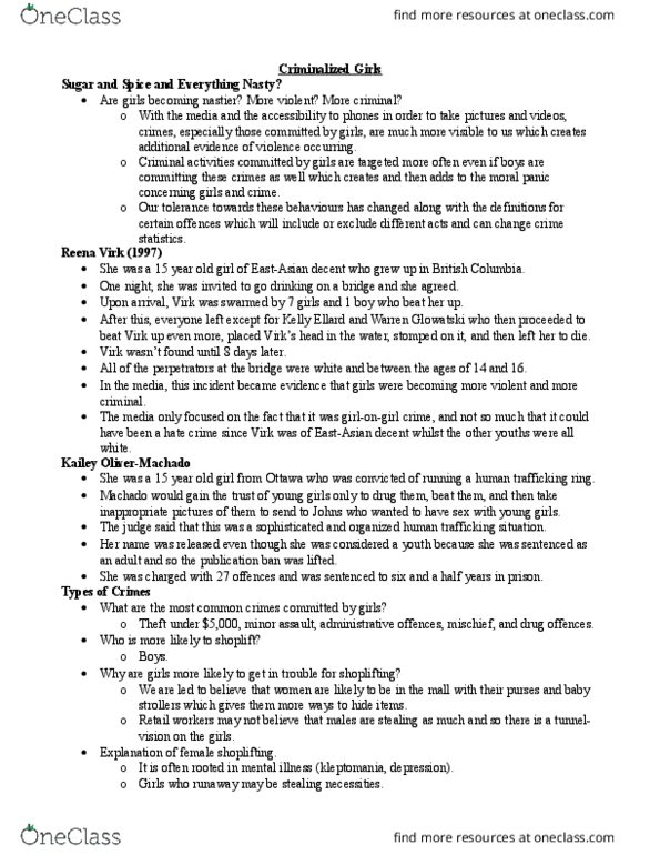 CRM 3312 Lecture Notes - Lecture 12: Murder Of Reena Virk, Assault, Shoplifting thumbnail