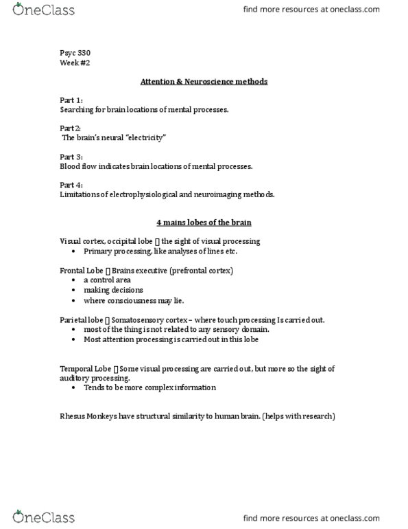 PSYC 330 Lecture Notes - Lecture 2: Leyden Jar, Occipital Lobe, Parietal Lobe thumbnail