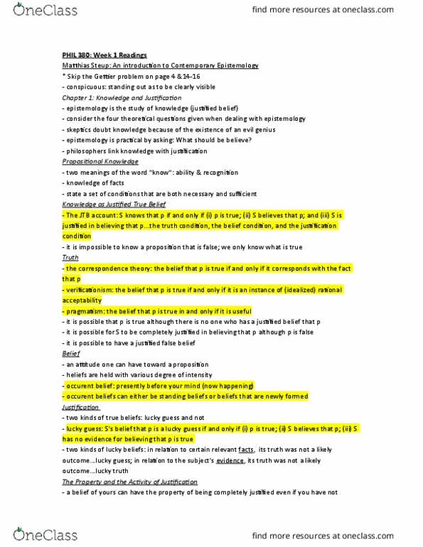 PHIL350 Lecture Notes - Lecture 1: Gettier Problem, Verificationism, Correspondence Theory Of Truth thumbnail