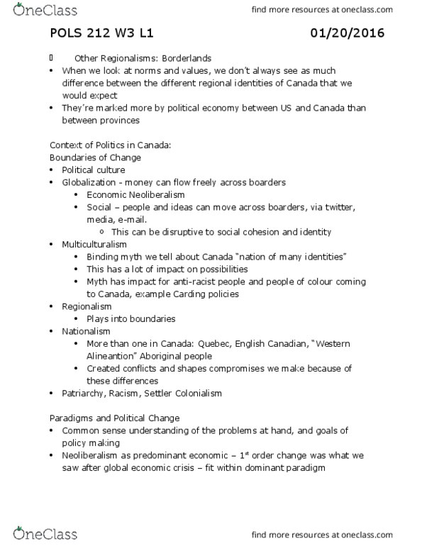 POLS 212 Lecture Notes - Lecture 5: English Canada, Lower House, Neoliberalism thumbnail