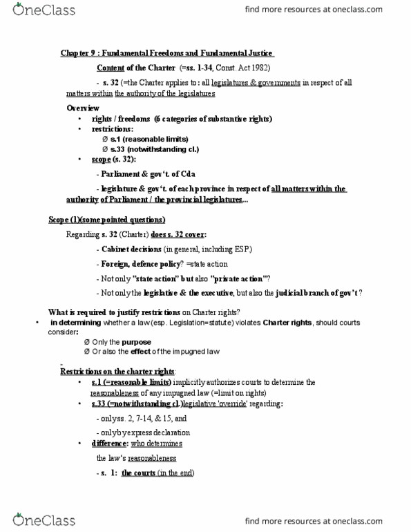 LAWS 2502 Lecture Notes - Lecture 9: Section 33 Of The Canadian Charter Of Rights And Freedoms, Veto, Judicial Restraint thumbnail