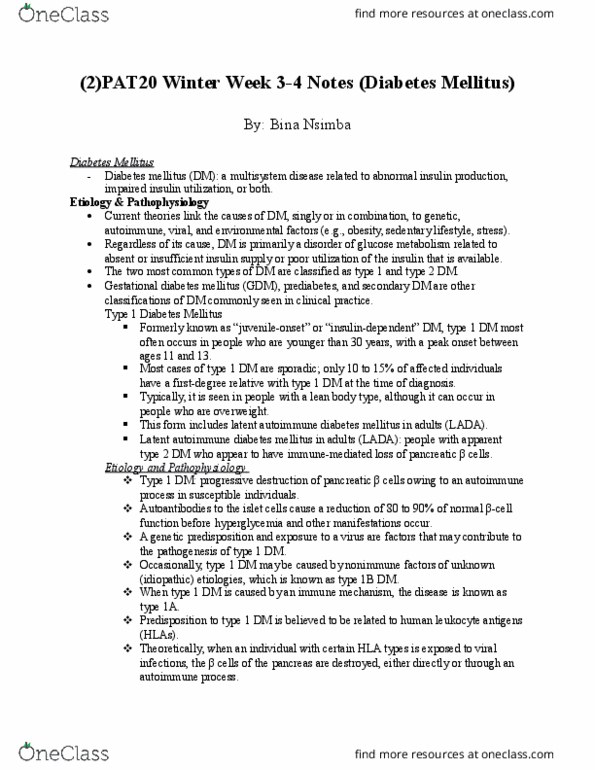 PAT 20A/B Lecture Notes - Lecture 3: Diabetes Mellitus Type 1, Gestational Diabetes, Acanthosis Nigricans thumbnail