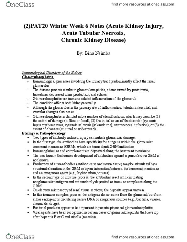 PAT 20A/B Lecture Notes - Lecture 6: Acute Tubular Necrosis, Acute Kidney Injury, Renal Replacement Therapy thumbnail